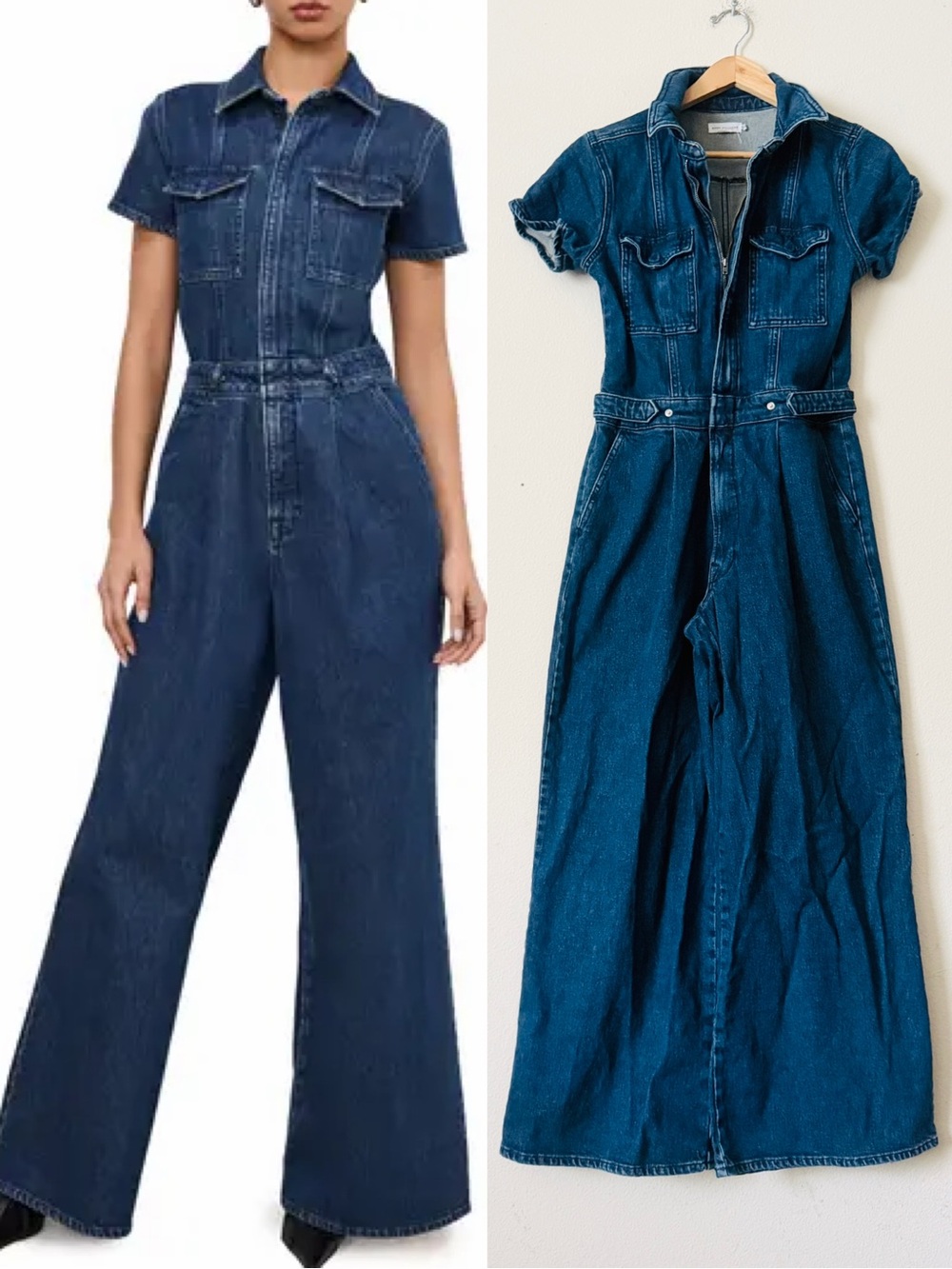 Good American SMALL Fit for Success Pleated Wide Leg short sleeve denim jumpsuit